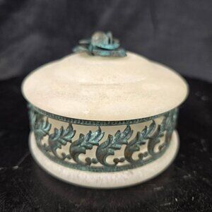 Vintage Marble and Metal Trinket Box Metal Rose Detail Fully Removable Lid